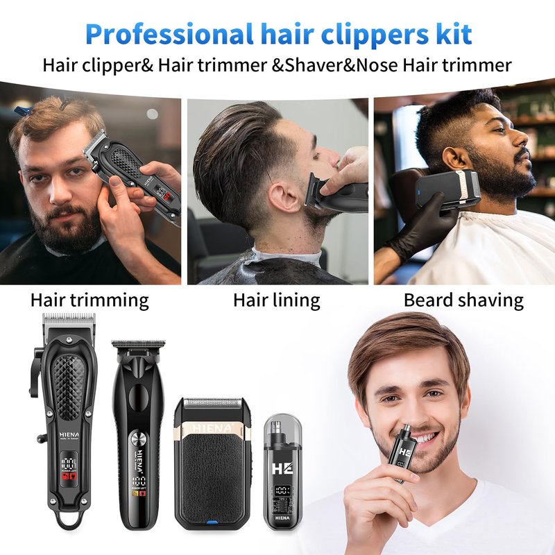 HIENA PRO Hair Clippers for Men Professional, Cordless Barber Clipper & T-Blade Beard/Hair Trimmer Set, Electric Razor Foil Shaver Nose Trimmer Barber Kit, Men's Hair Cutting Kit