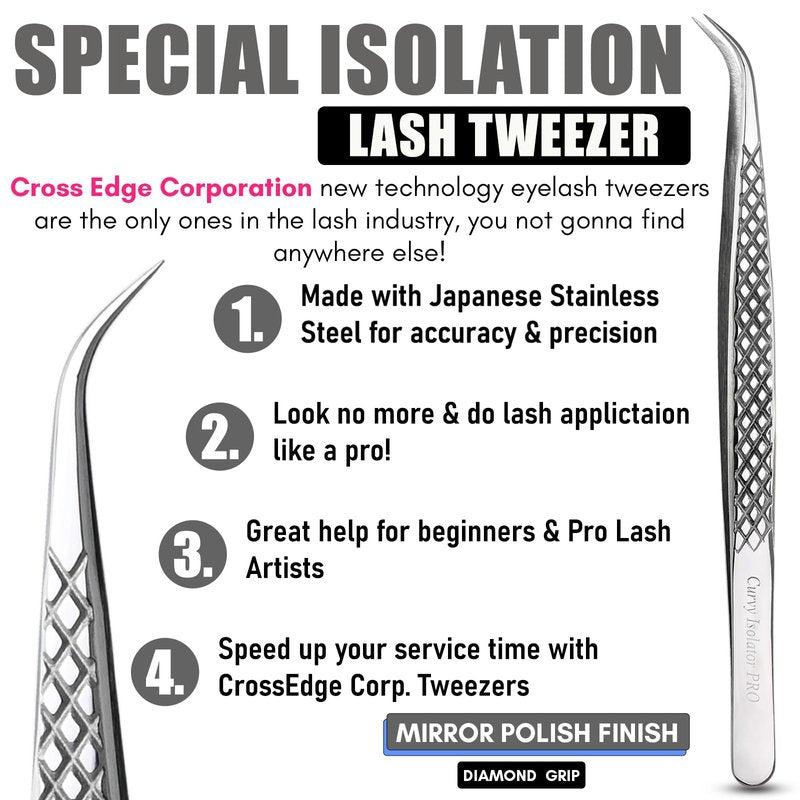 CrossEdge Corporation – 14 cm Curved Isolation Tweezer for Eyelash Extensions | Diamond Grip Handle & Silver Polish Finish | Precision Stainless Steel Lash Tweezer for Classic & Volume Lashes
