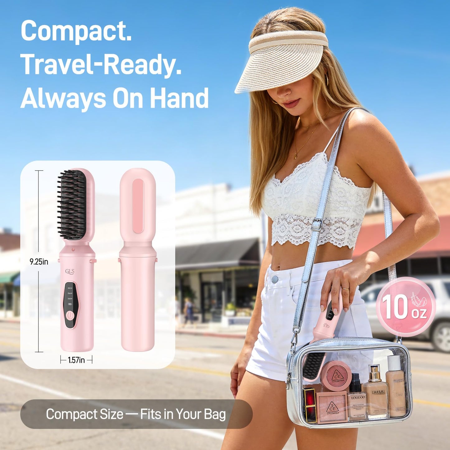 GLS 3-in-1 Cordless Hair Straightener Brush, Portable Cordless Curling Iron Brush and Flat Iron Heads, Hair Styling Set, USB Rechargeable for On-the-Go Styling, Fast Heat, Travel Friendly, Pink