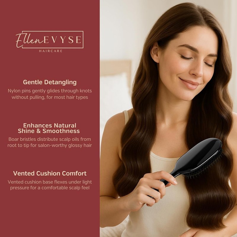 Boar Bristle Hair Brush - Smoothing & Detangling Tool for Men & Women | Nylon Pins, Reduces Breakage & Enhances Shine