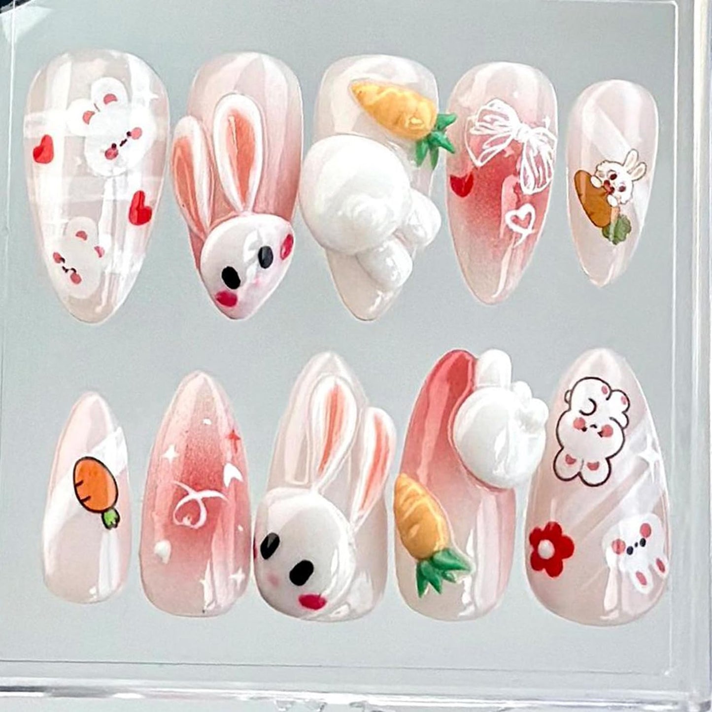 Press-On Nails - 24Pcs Medium Almond Fake Nails with Lotus & Lucky Koi Design | Glossy Full Cover for Spring/Summer DIY Manicure