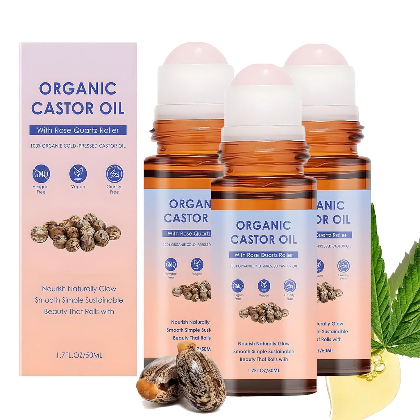 Organic Castor Oil Roller Ball - Cold-Pressed Essential Oil for Face, Hair & Eyebrows | Natural Hydration | 3-Piece Set