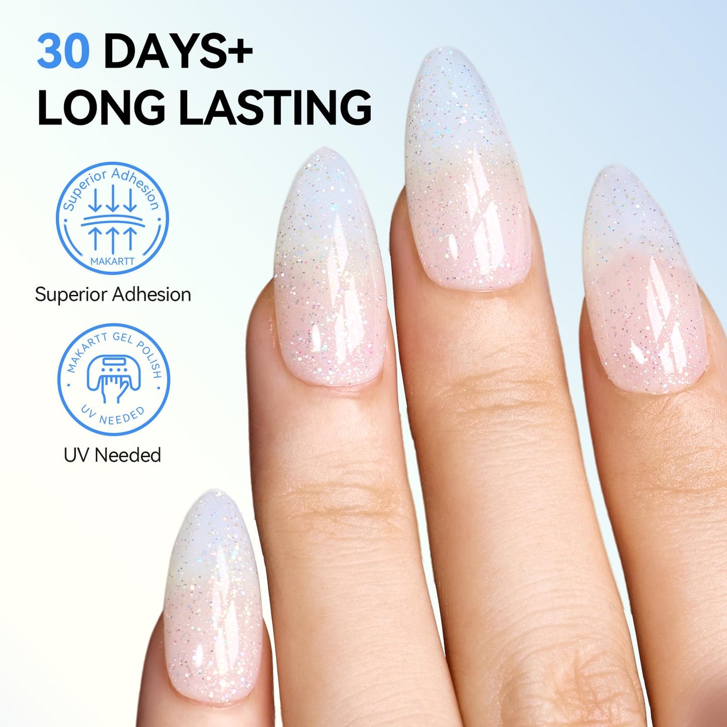 Makartt Glitter Gel Top Coat: 2 in 1 No Wipe Clear Top Coat & Glitter Shiny Effect Gel Nail Polish 15ml Soak Off UV LED Lamp Needed Home DIY Gift Women