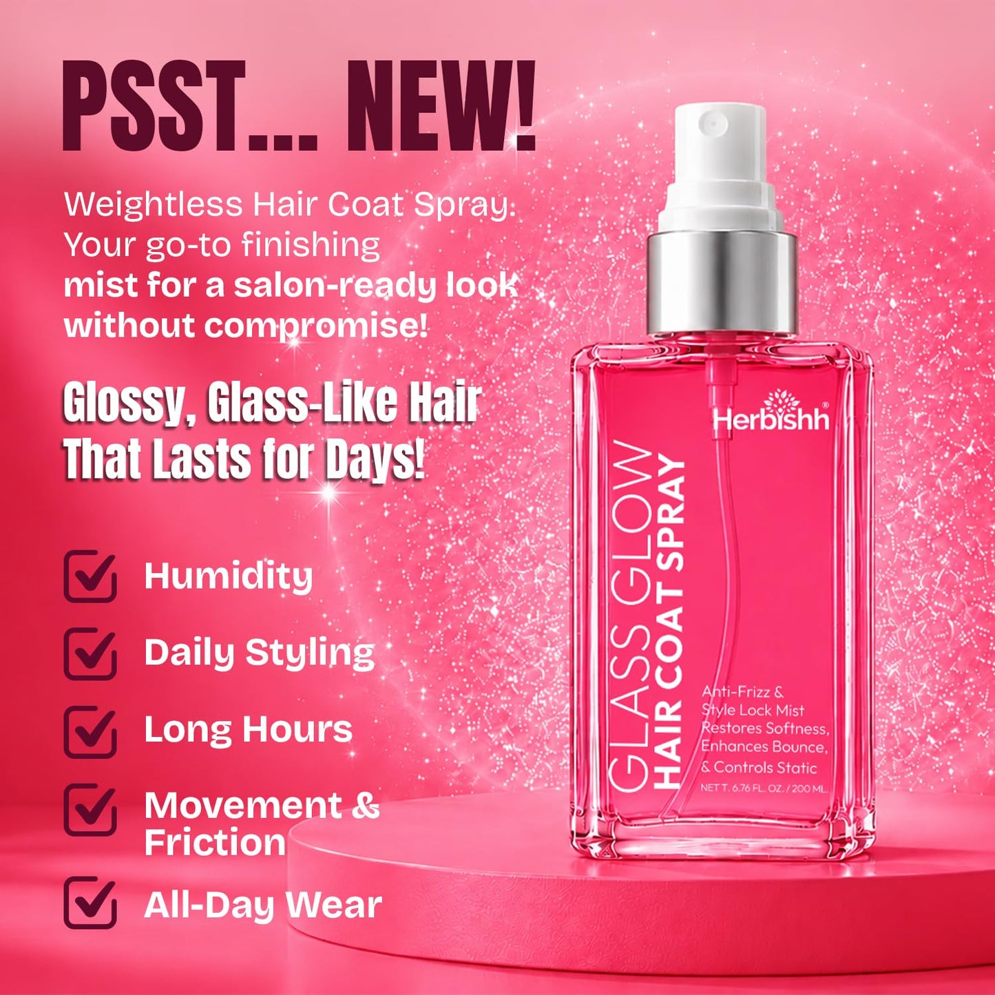 Herbishh Glass Glow Hair Coat Spray(6.76 fl oz)Anti Humidity & Heat Protectant Shine Coat for Frizz Control & Glossy Finish, Lightweight Texture Finishing Mist, Salon Quality Styling Spray Women & Men