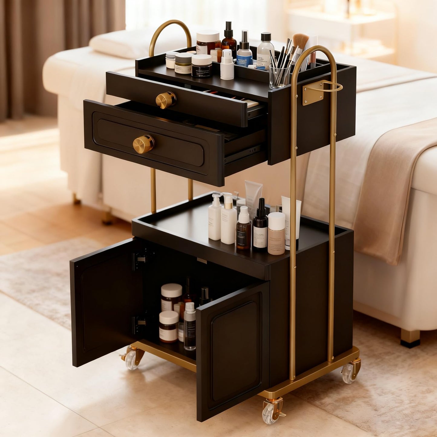 Belandi Salon Trolley Cart with Lockable Wheels, Salon Station Cabinet with Drawer & Cabinet for Hair Stylist Makeup Tool Organizer for Beauty Spa Barbershop (Black&Gold)