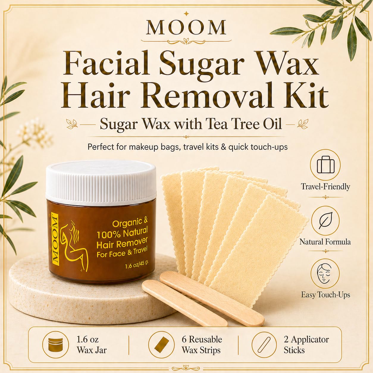 MOOM Facial Sugar Wax Hair Removal Kit Travel Size - Eyebrow Wax for Chin, Lip & Facial Hair Removal - Sugaring Wax with Tea Tree Oil, 1.6 oz wax Jar with 6 Reusable Wax Strips & 2 Applicator Sticks