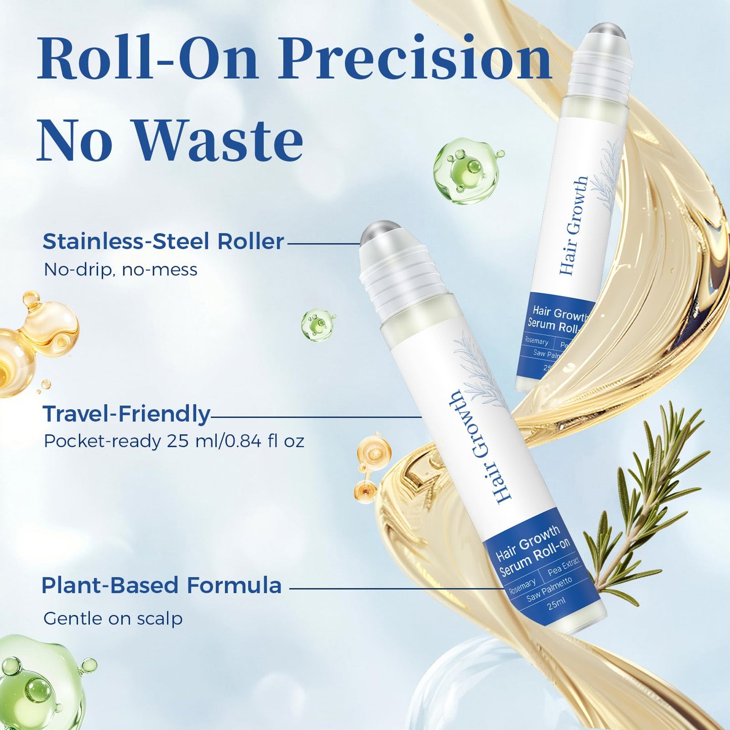 Gluvelessia Hair Growth Serum Roll On with Rosemary，Helps Support Thicker, Fuller Hair Appearance，Clean, Non-Greasy Hair Loss Support for Men & Women，Saw Palmetto，0.84 Fl Oz (Pack of 3)