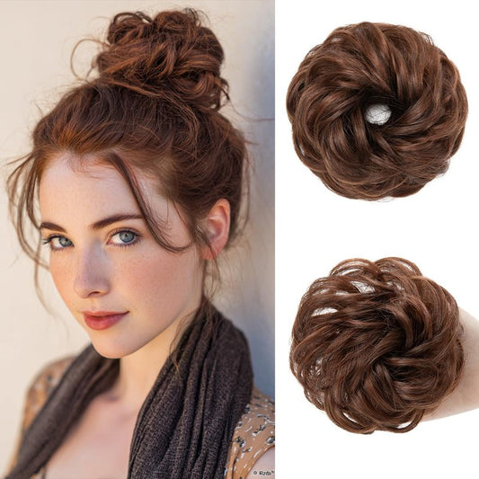 Small Messy Bun Hair Pieces for Women - Synthetic Curly Mini Scrunchies | 2PCs Red Vino