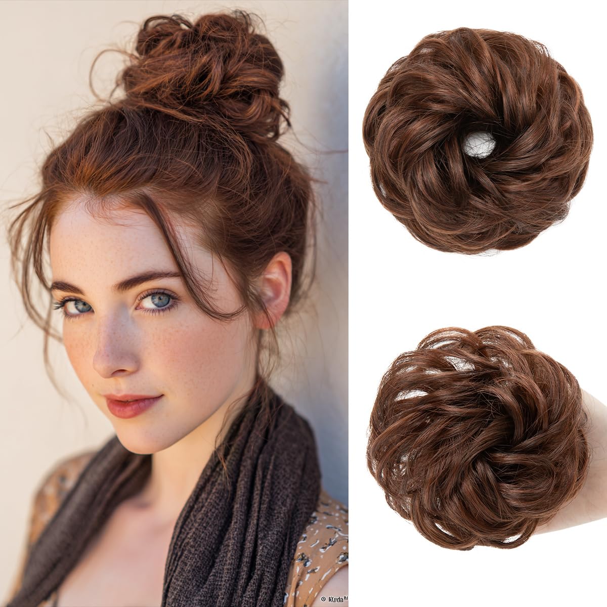 Small Messy Bun Hair Pieces for Women - Synthetic Curly Mini Scrunchies | 2PCs Pepper Brown