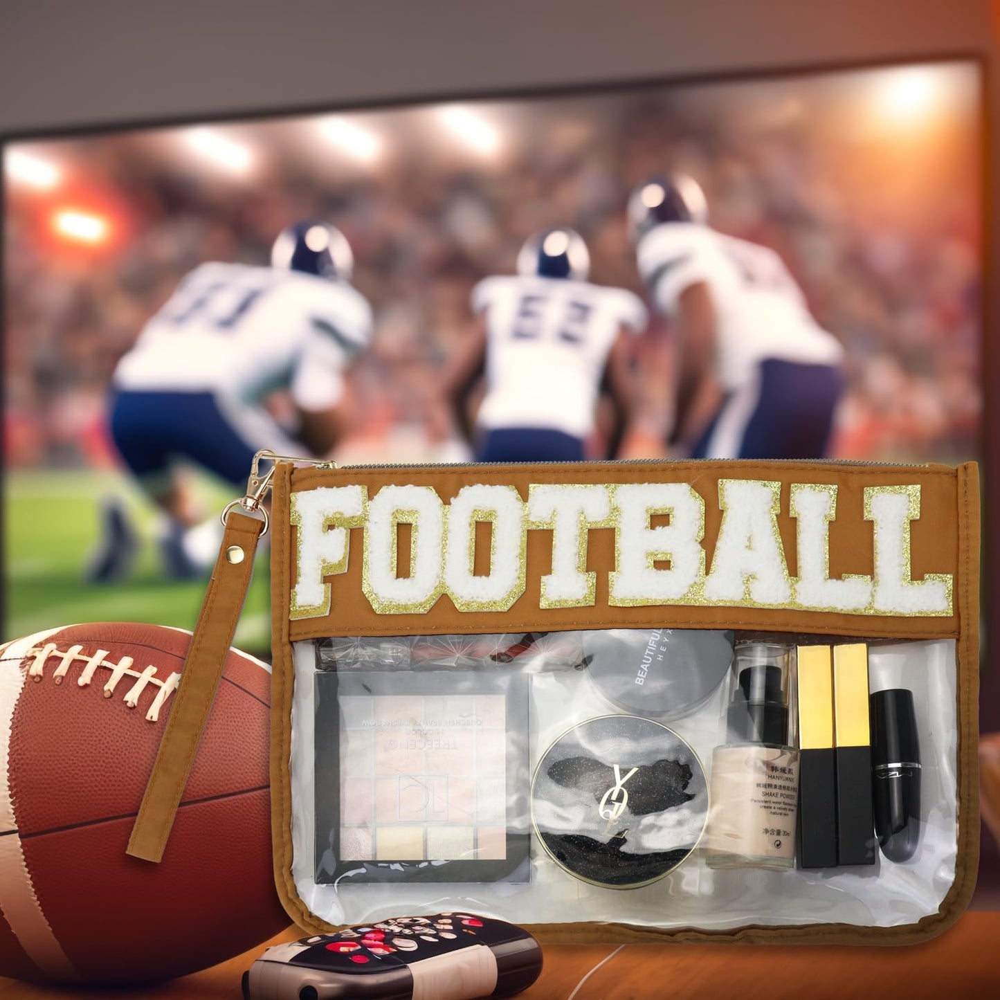 SUILU 2 Pcs Football Gifts Makeup Bag with Chenille Letter Patch,with Handles PVC Waterproof Clear Makeup Bag,Portable Toiletry Storage Bag,Players & Fans Birthday, Team or Sports Lover Presents