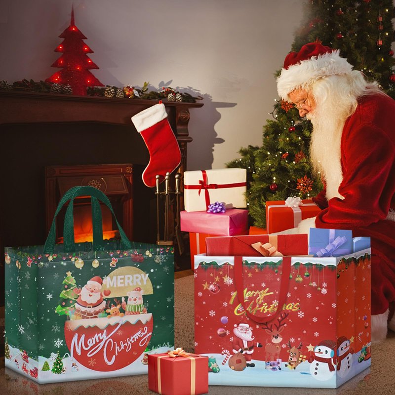 AhfuLife 12PCS Extra Large Christmas Gift Bags, 15.7'' x 14.2''x 5.9'', Christmas Tote Bags with Handles, Non-woven Reusable Shopping Bag for New Year, Xmas's Party Supplies Decorations