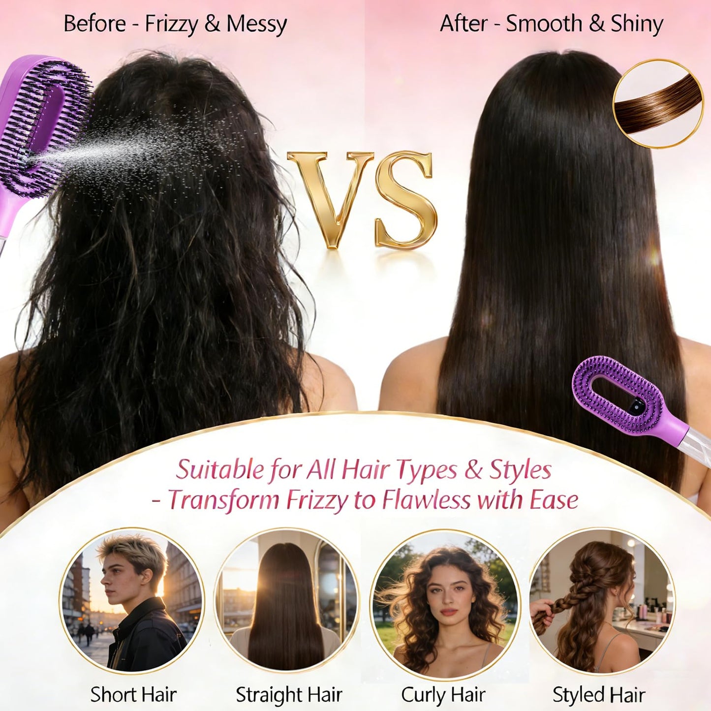 Hair Brush with Water Spray, 2-in-1 Detangling Tool for Frizz Control, Works on Wet & Dry Strands, Portable Mist Comb for Thick, Curly & Fine Textures(1 Purple)