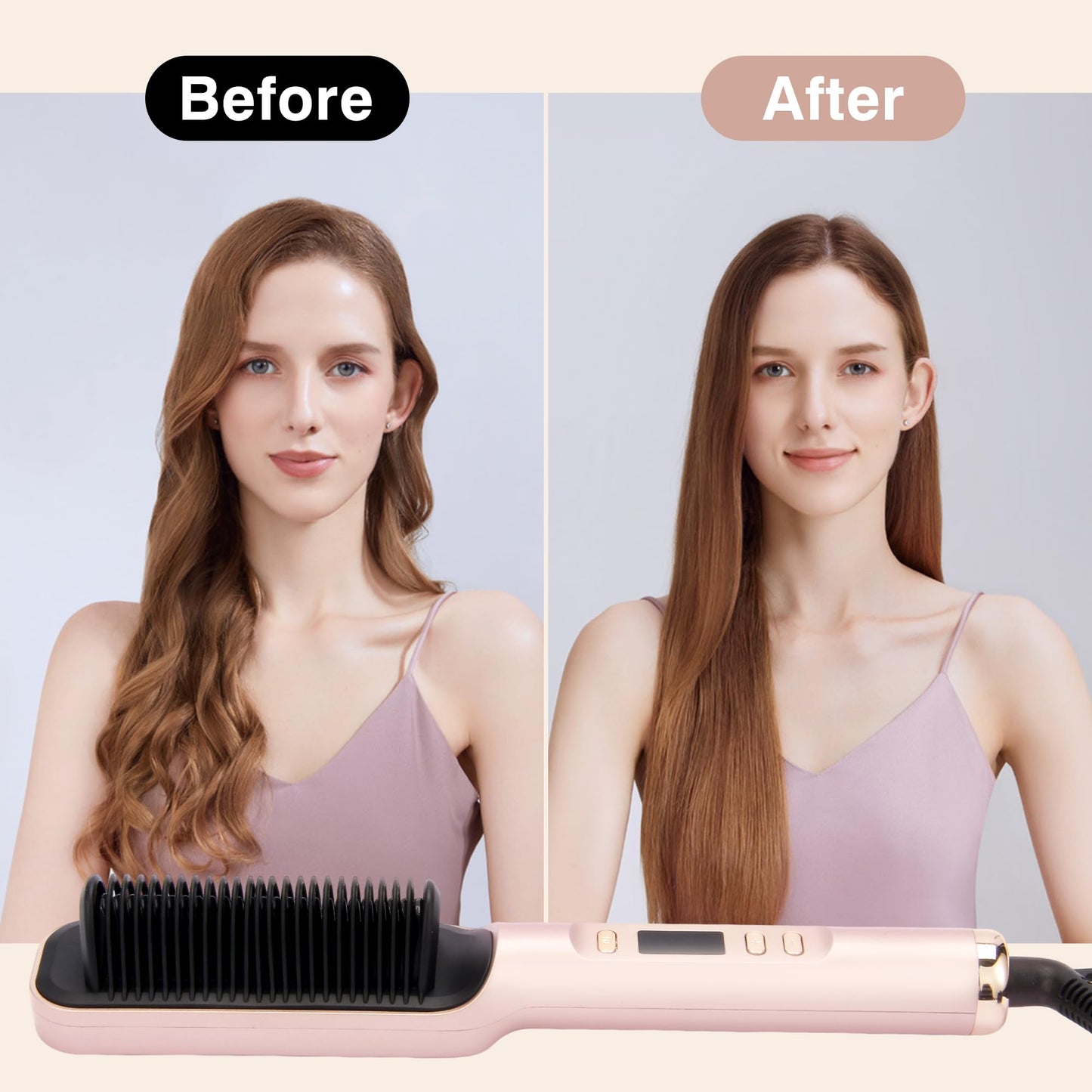 Hair Straightener Brush, Ring Sleek Sweep Ionic Hair Straightener Comb Straightening Brush for Women with 4 Temps,Anti-Scald Ceramic Hair Straightener Comb,20s Fast Heating & Dual Voltage, Rose Gold