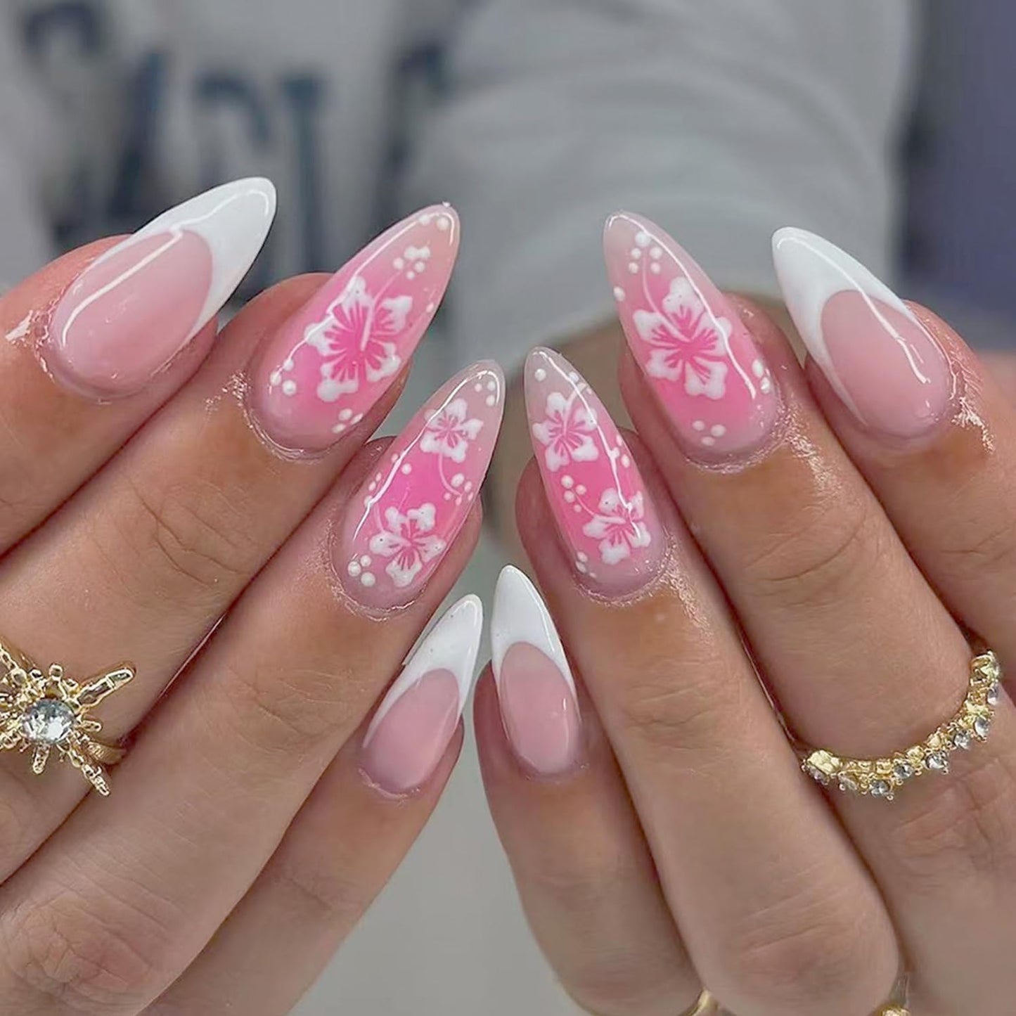 Short Almond Press-On Nails - 24 Pcs French Tip with Leopard Print & Gold Beads | Reusable Acrylic Nail Designs for Women