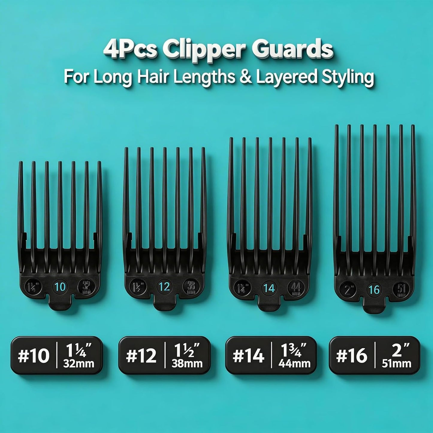 Clipper Guards Set - 4-Piece Replacement Guides for Wahl Clippers | Sizes 1.25" to 2", Black