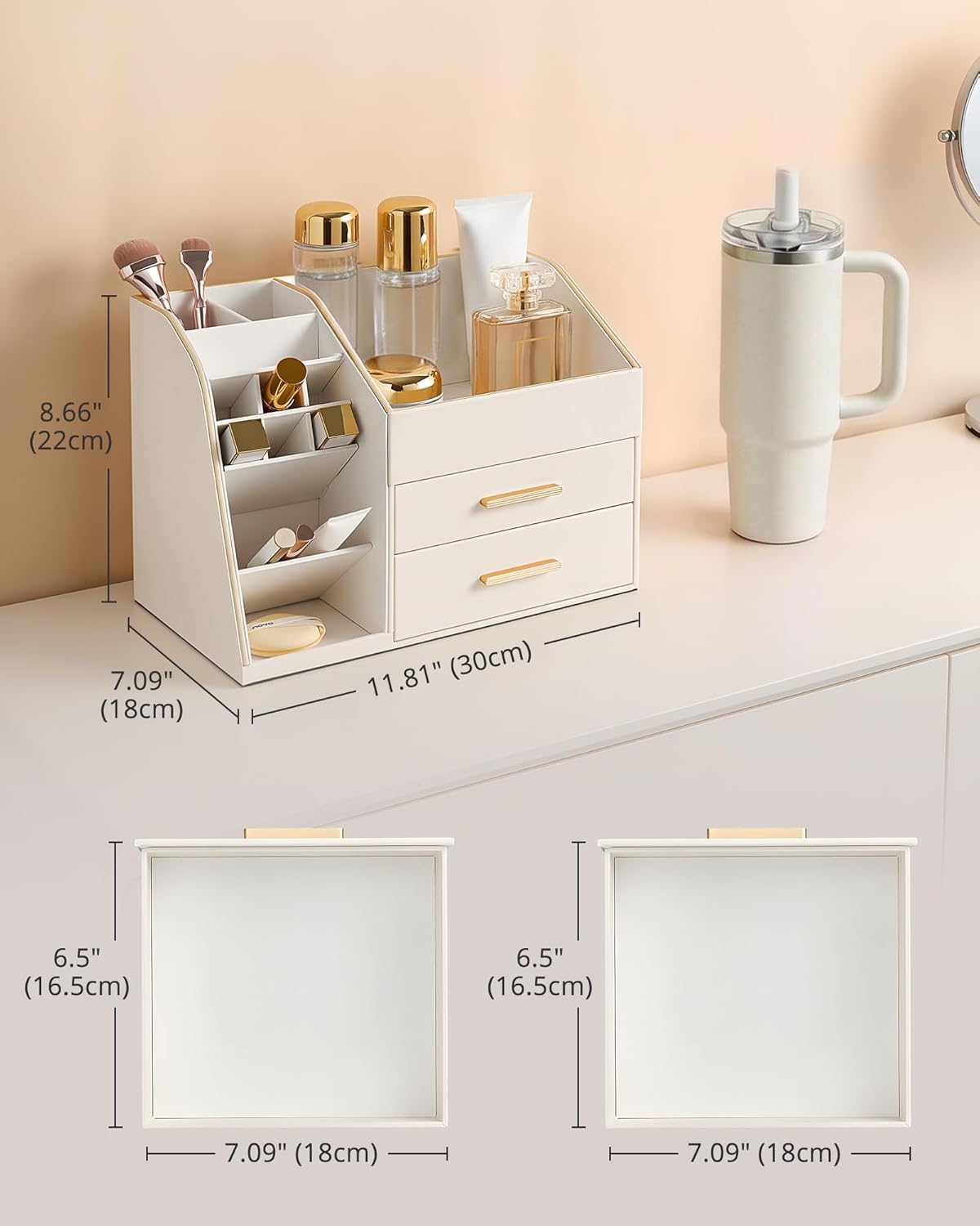 Makeup Organizer - 3-Layer PU Leather Storage Box with Drawers | Easy to Clean Vanity Display Case - Cream