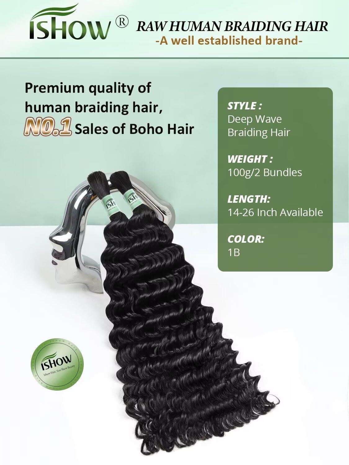 ISHOW Raw Human Braiding Hair, 100% Unprocessed Virgin Human Hair, 15A Deep Wave Boho Hair, 100g 16.01 Inch (2 Packs), NO.1 Premium Quality Boho Hair Producer, Long Lasting, Color 1B