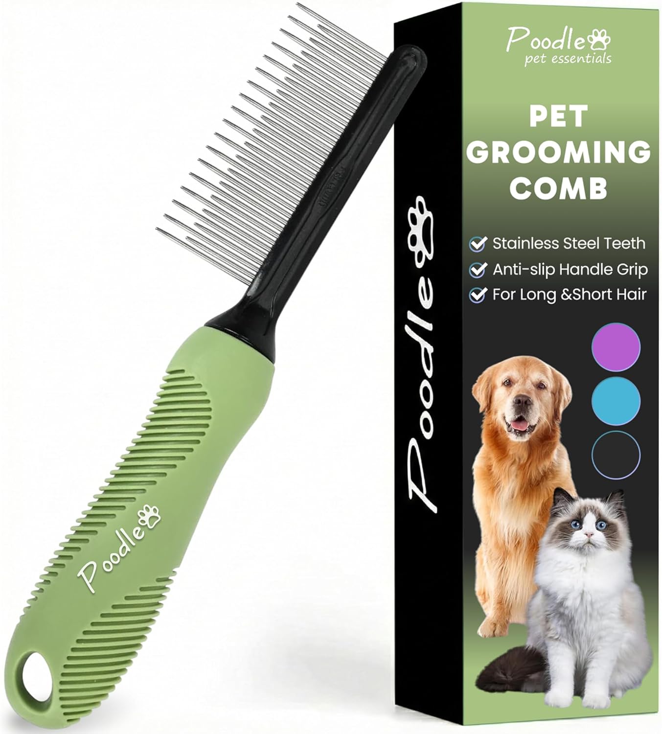 Poodle Dematting Fur Rake Comb - 2.5" Steel Blades for Dogs & Cats | Detangle Matted Undercoat Hair