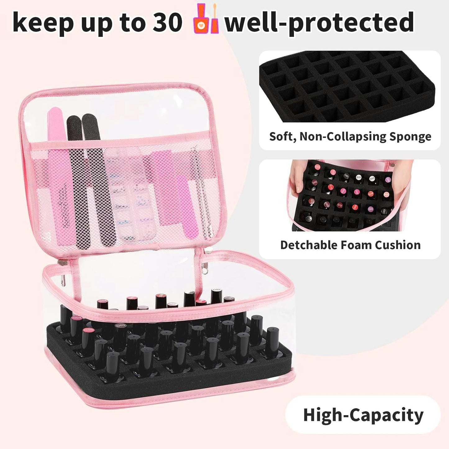Clear Nail Polish Organizer - Holds 30 Bottles | Portable PVC Case with Manicure Tools Storage Sections
