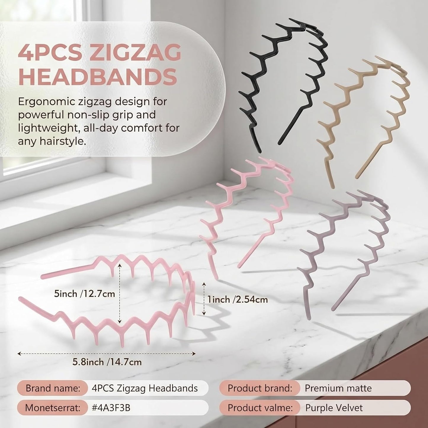 Zig Zag Headbands - 4 Pack Non-Slip Claw Hair Accessories for Women | Classic Wavy Design