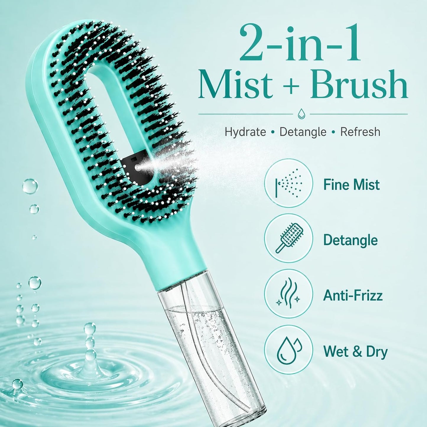 Misting Hair Brush - 2-in-1 Non-Electric Detangling Tool for Wet & Dry Hair | Anti-Frizz, Fine Mist Sprayer (Green)