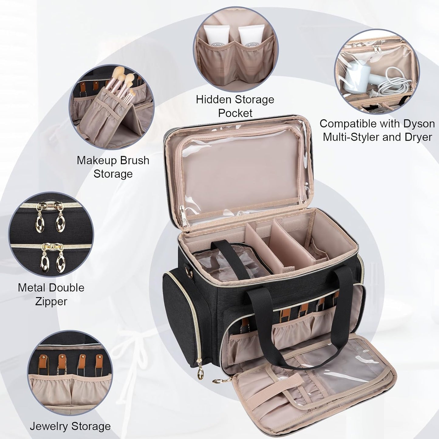 Large Makeup Bag Organizer - Portable Travel Cosmetic Case for Women | 2 Removable Pouches & Detachable Dividers - Black