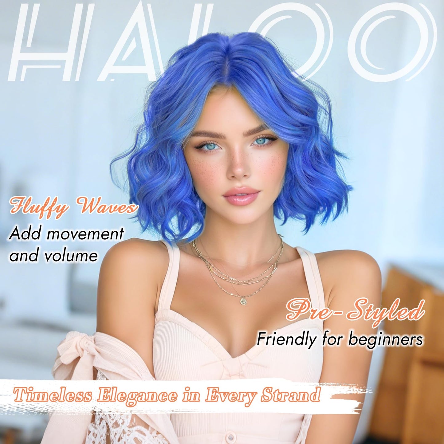 Haloo Blue Bob Wig for Women Lace Front Hairline Short Soft Wavy Curly Natural Looking Middle Part Synthetic Hair Wigs for Daily Party, 11 Inch Mixed Blue