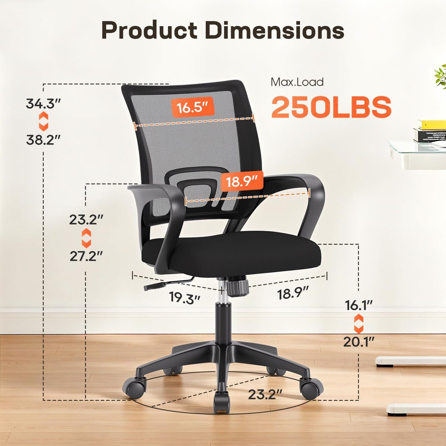 Ergonomic Office Chair - Mid-Back Swivel Desk Chair with Breathable Backrest & Lumbar Support - Adjustable Height | Dark Black