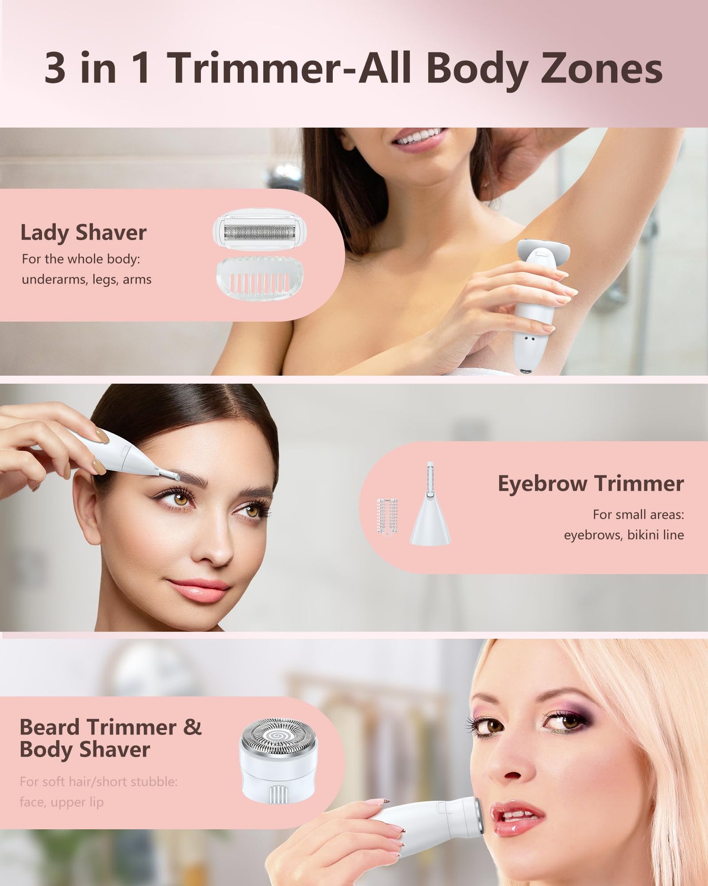Shaver for Woman for Face, IPX7 Waterproof,White,3 in 1 Bikini Trimmer for Women, Electric Razors for Women with Display, Painless Bikini Trimmer, USB Charging, Electric Shaver for Woman