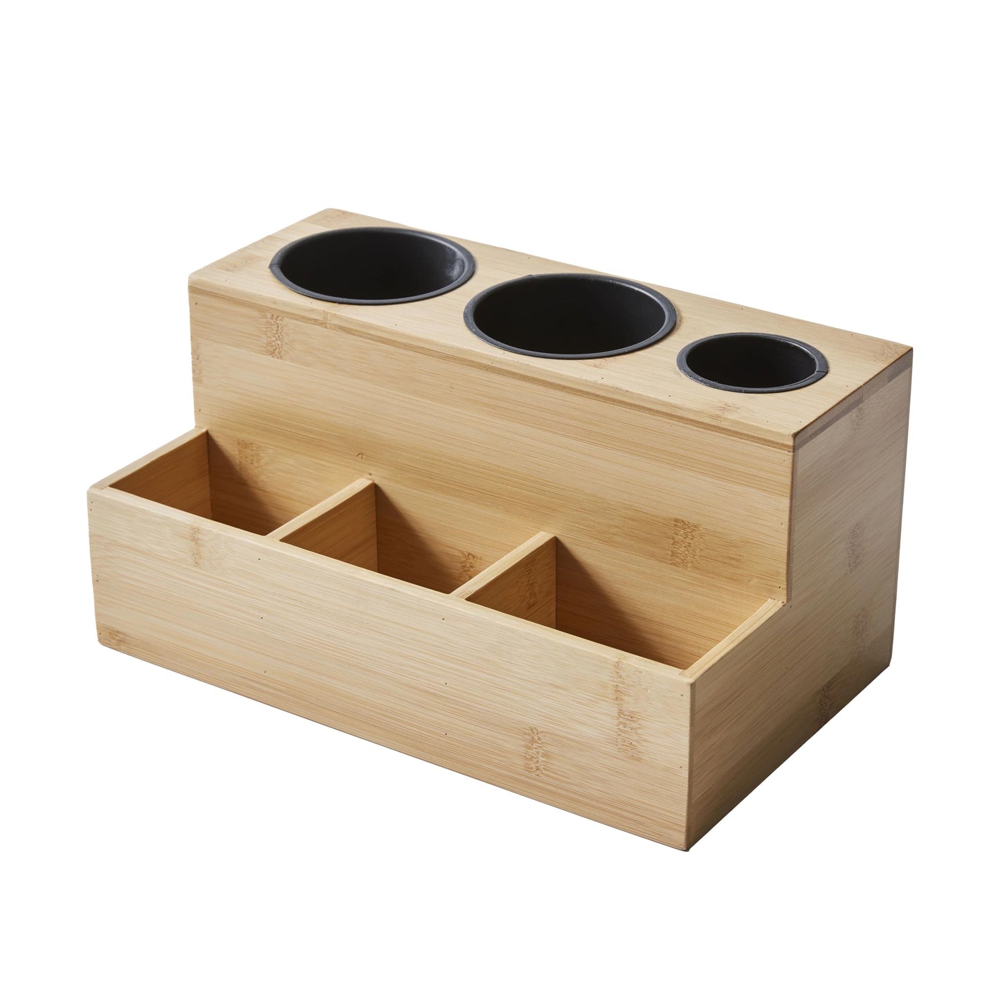 Natural Bamboo Hair Tools Organizer - 6 Compartment Countertop Hair Styling Tool Holder, 2-Tier Free Standing Storage Caddy for Hair Dryer, Curling Iron, Brushes & Combs (12 x 6 x 7 in)
