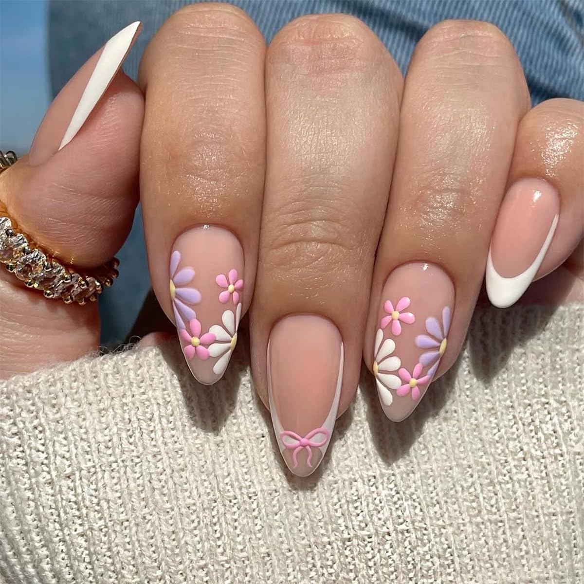 Cat Eye French Tip Press-On Nails - Nude & Pink Short Almond | Reusable Glue-On Nails with Gold Line for Weddings & Parties