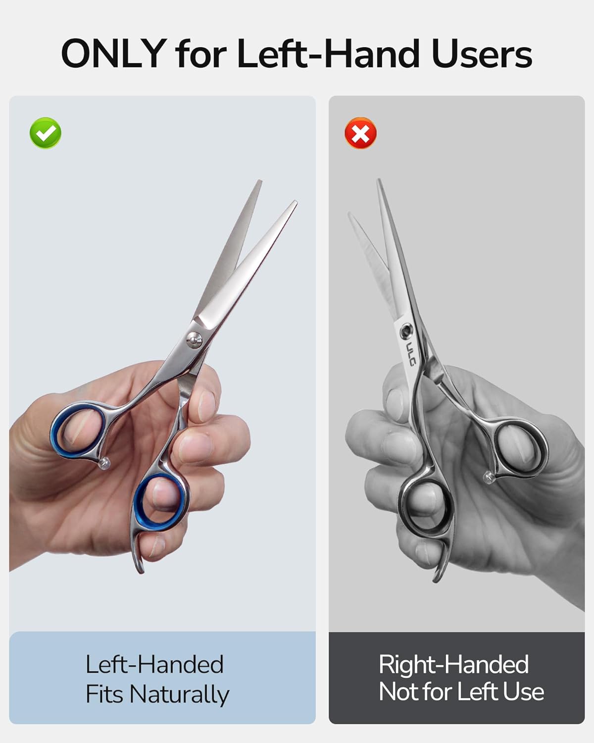 Left-Handed Hair Cutting Scissors - ULG 6.5-Inch Razor Edge Barber Shears | Japanese Stainless Steel, Blue Fingerhole Ring