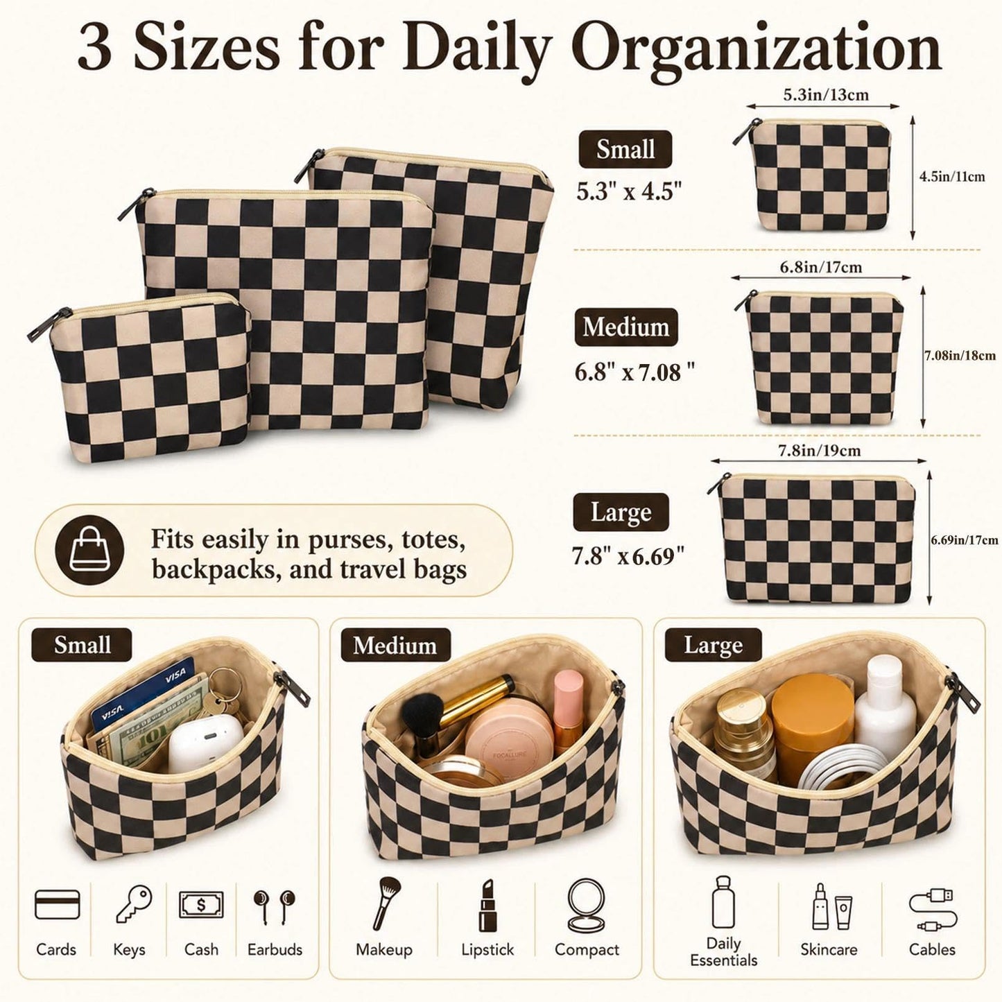 BBORGDC Small Cosmetic Bag Set of 3 for Purse, Cute Cotton Floral Makeup Bags, Small Makeup Bag Organizer, Cosmetic Pouch Set for Travel & Daily Use