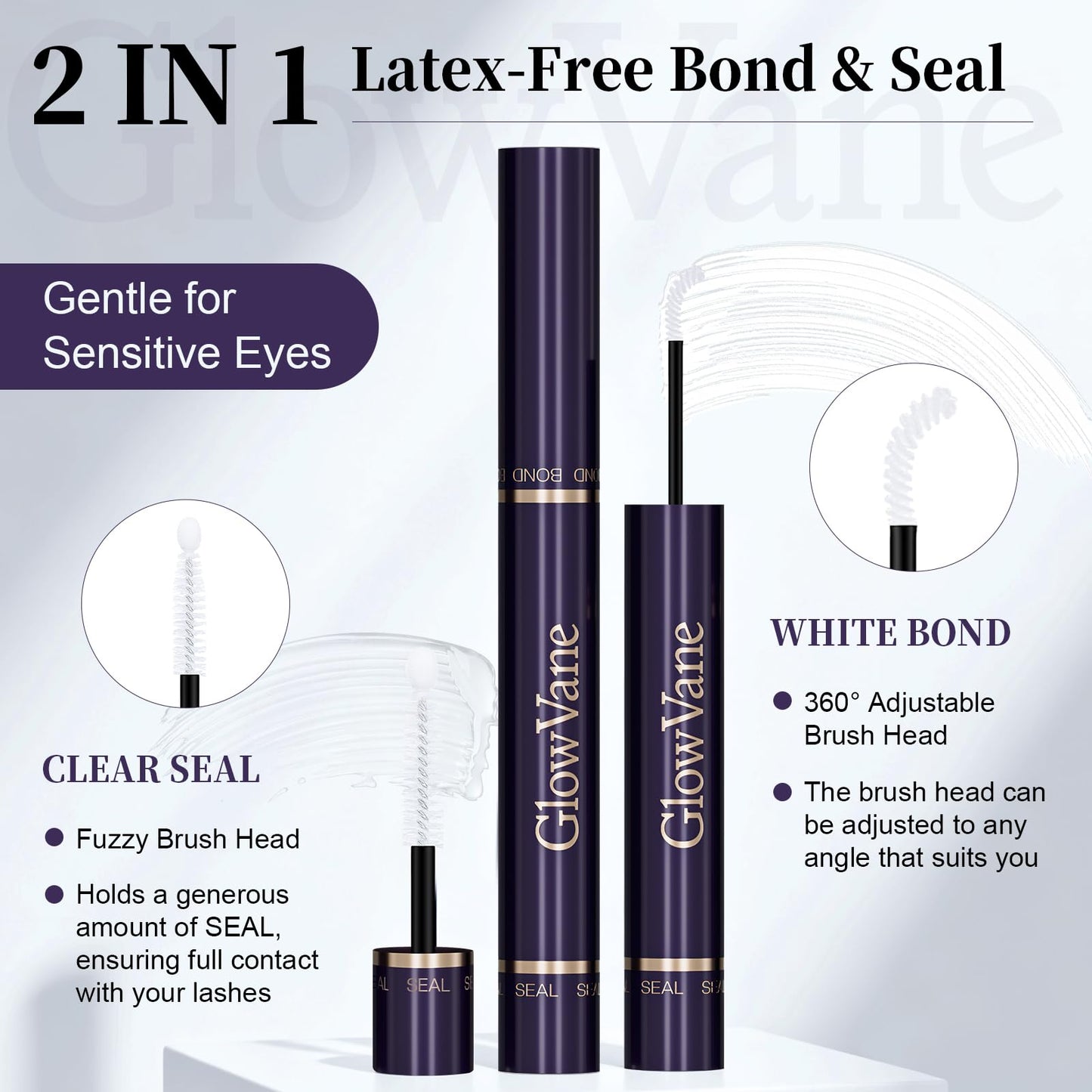 GlowVane White Lash Bond and Seal Waterproof Lash Glue for Eyelash Clusters 2-in-1 Lash Cluster Glue Strong Hold Eyelash Cluster Glue Latex-Free Eyelash Glue Long Lasting Beginner Friendly (5ml+5ml)