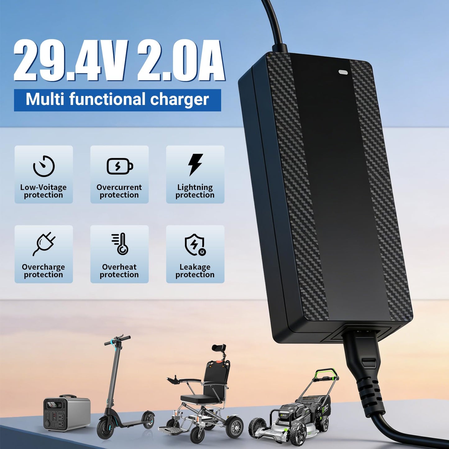 Timedrawhide 29.4V 2A Electric Scooter Charger for 24V Lithium Battery, 5-in-1 Plug Smart Charger Compatible with Gotrax, Jetson, Razor, Swagtron, Bird, Segway