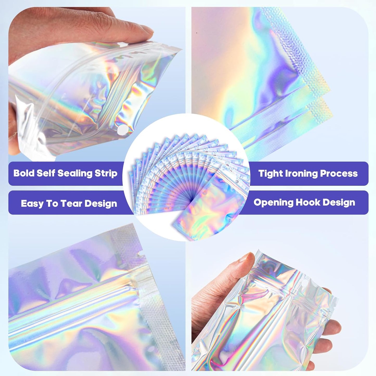 Holographic Resealable Foil Pouch Bags - Mylar Sample Bags for Food Storage | 50 Pcs, 6x9 Inch