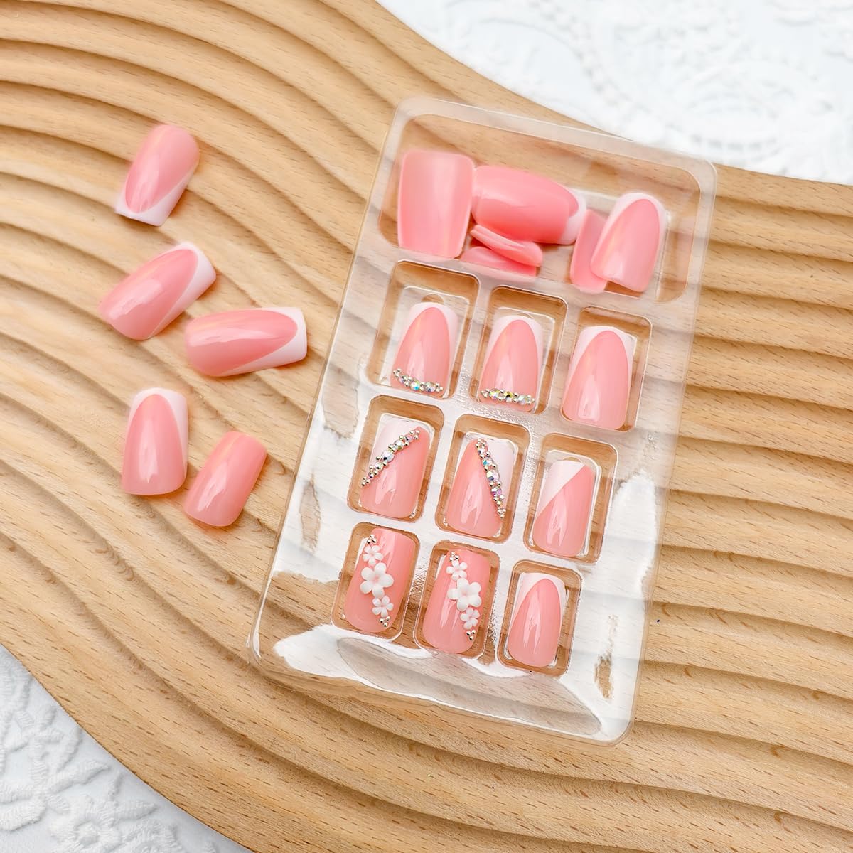 French Tip Press-On Nails - 24 Pcs Short Square Pink with Flower Rhinestones | Irregular Acrylic Full Cover Set for Manicure