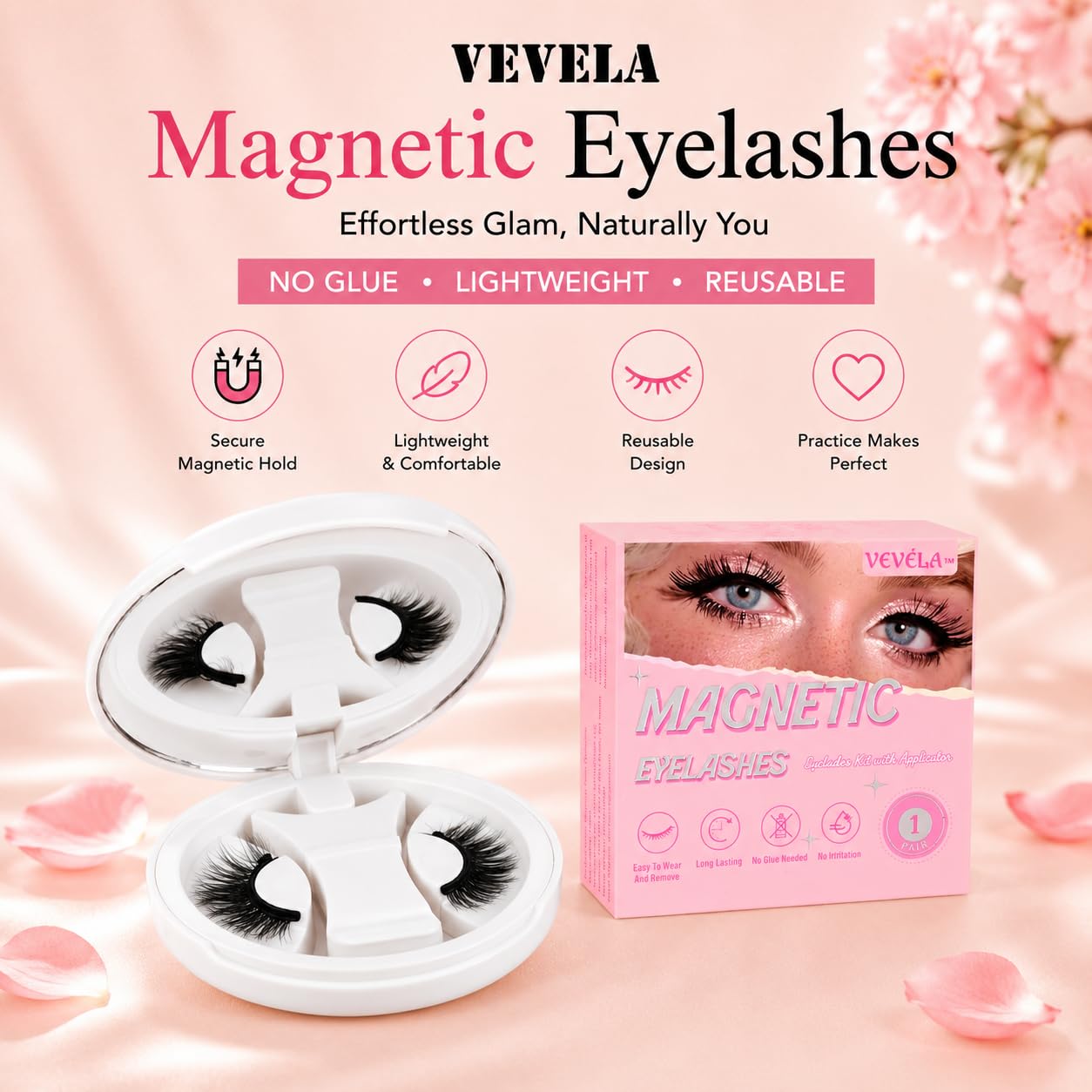 Vevela Magnetic Eyelashes Kit, 1 Pair Magnetic Lashes Natural Look with Applicator, No Glue Needed & Reusable，Easy to Wear and Remove (VE-US-YC-1D01)