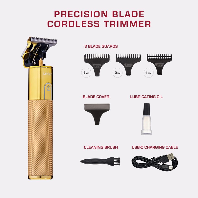 KISS Precision Blade Cordless Trimmer with Stainless Steel T-Blade, Powerful High-Torque, High-Speed Motor, 3 Attachments & Cover, USB Cable & Long-Lasting Lithium Ion Battery