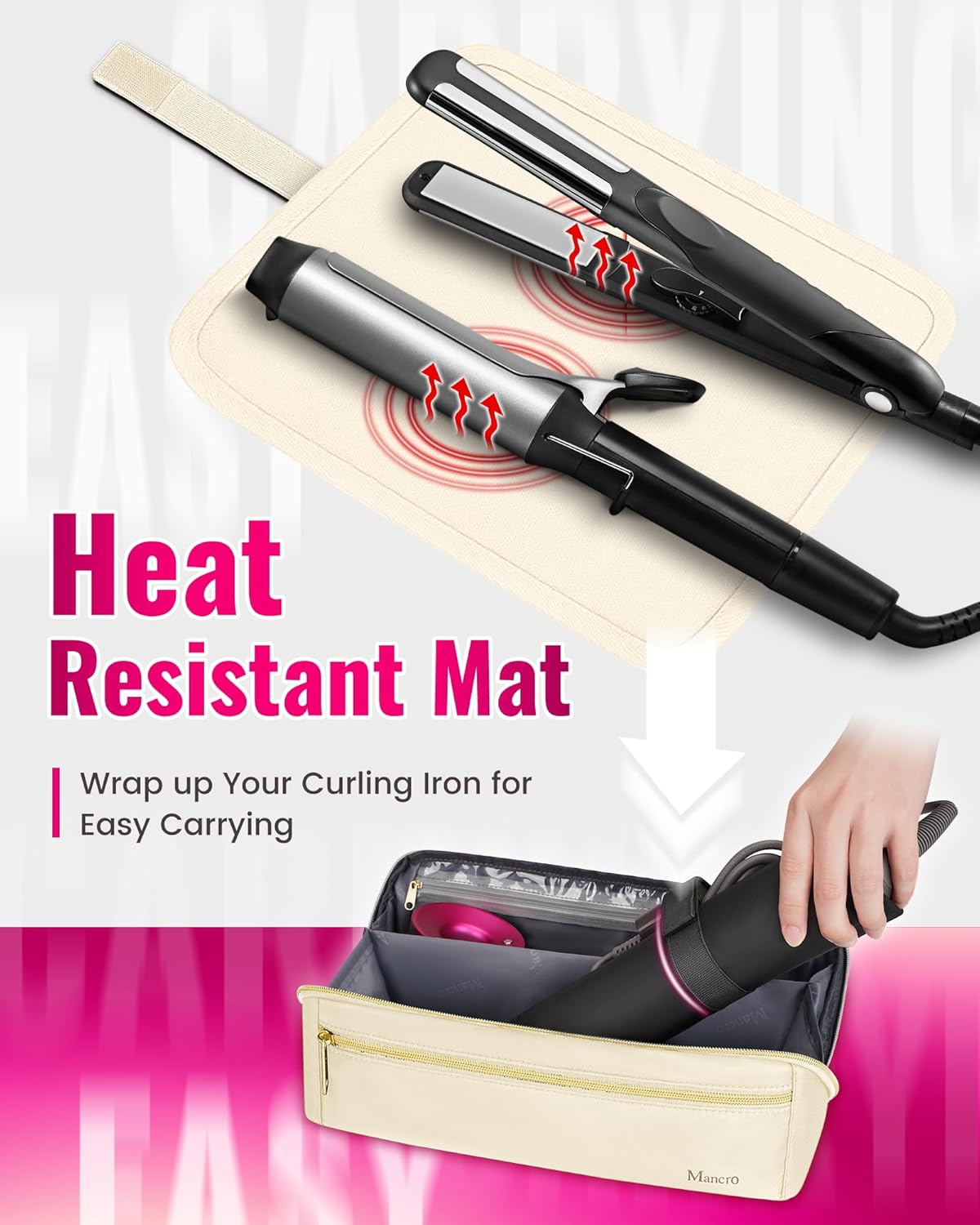 Mancro Travel Hair Tools Bag - Heat Resistant Mat & Large Capacity Organizer for Curling Irons | Perfect for Women