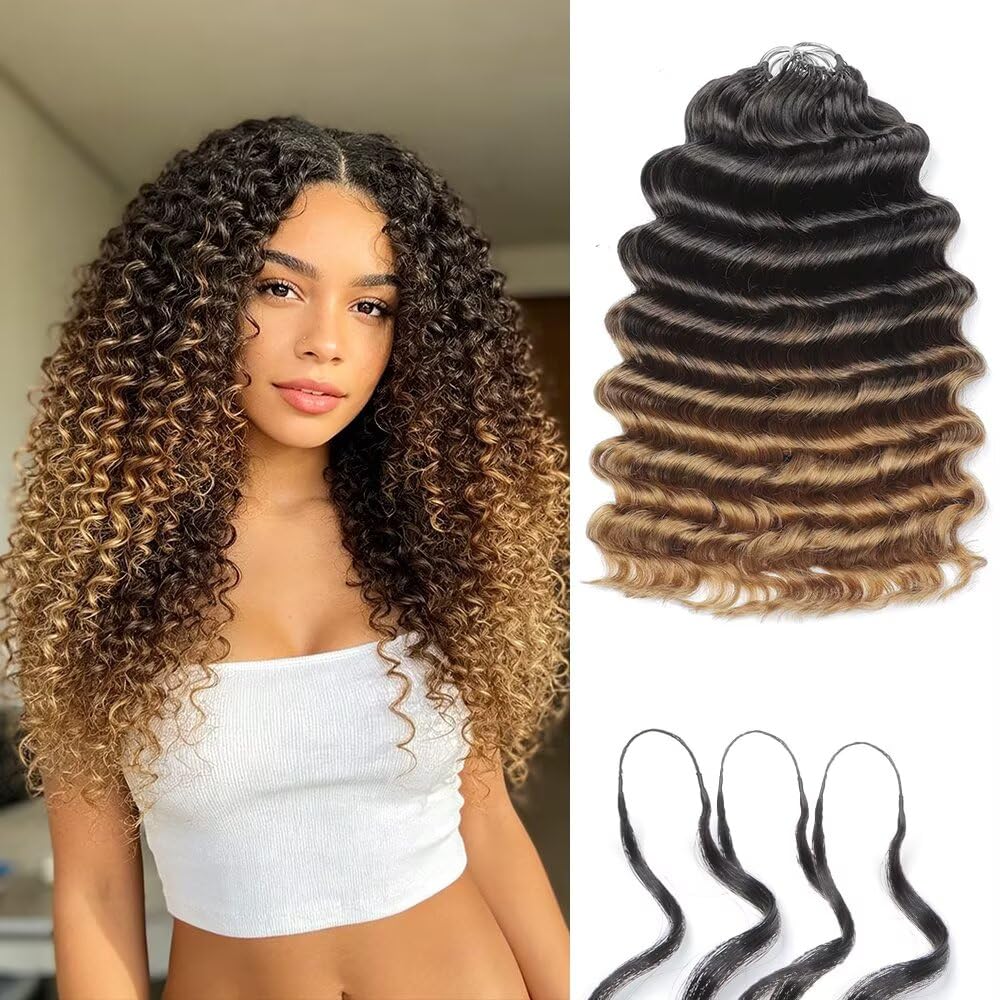 Human Crochet Hair - 24 Inch Deep Ocean Wave Curly Bundles | 150g Pre-Separated Feather Extensions, Natural Black