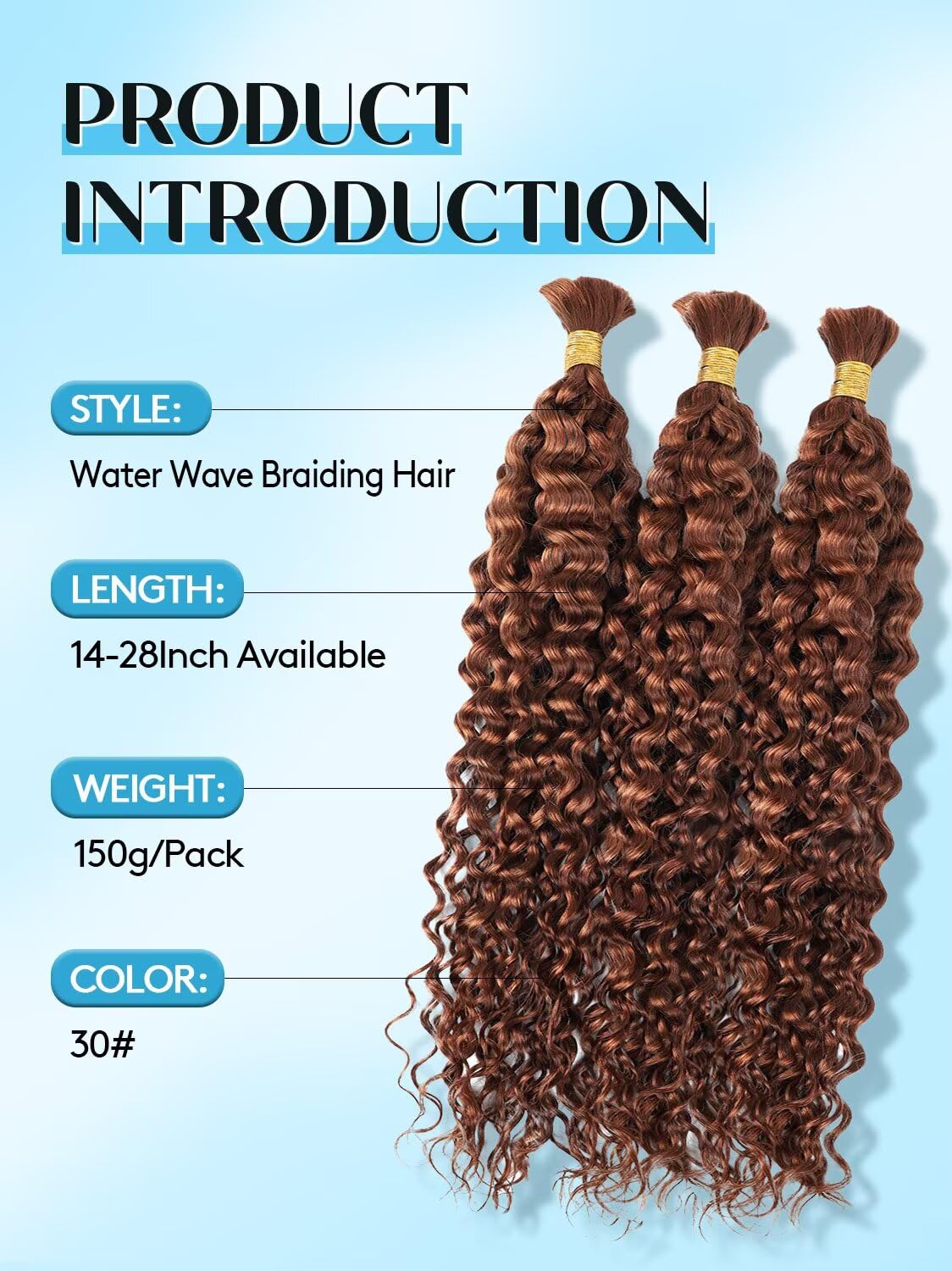 100% Unprocessed Human Hair for Braiding, #30 Auburn Pre-Separated Curly Bulk Hair, 12A Grade Water Boho Braiding Hair Extensions, Natural Glossy Finish,22 Inch 150g 3 Bundles