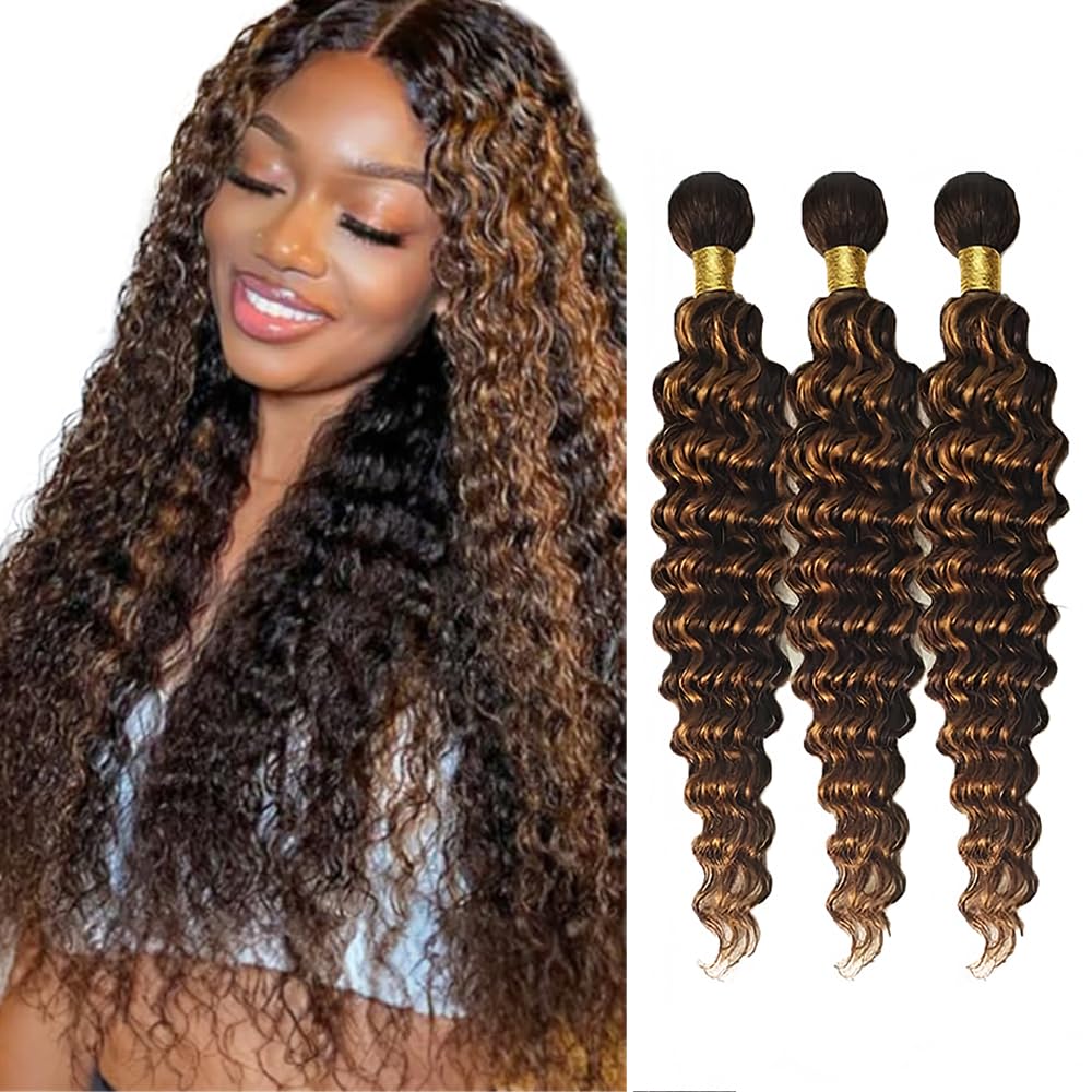 P430 Human Hair Bundles Highlight Deep Wave Bundles Ombre Brown Bundle 20 22 24 inch #4 and #30 Deep Wave Bundle 150g