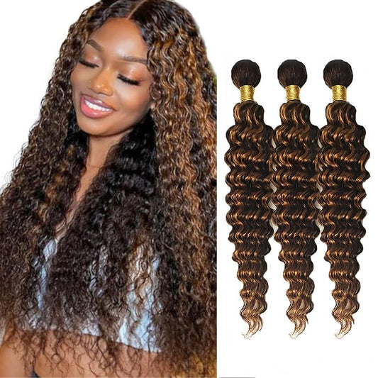 P430 Human Hair Bundles Highlight Deep Wave Bundles Ombre Brown Bundle 20 22 24 inch #4 and #30 Deep Wave Bundle 150g