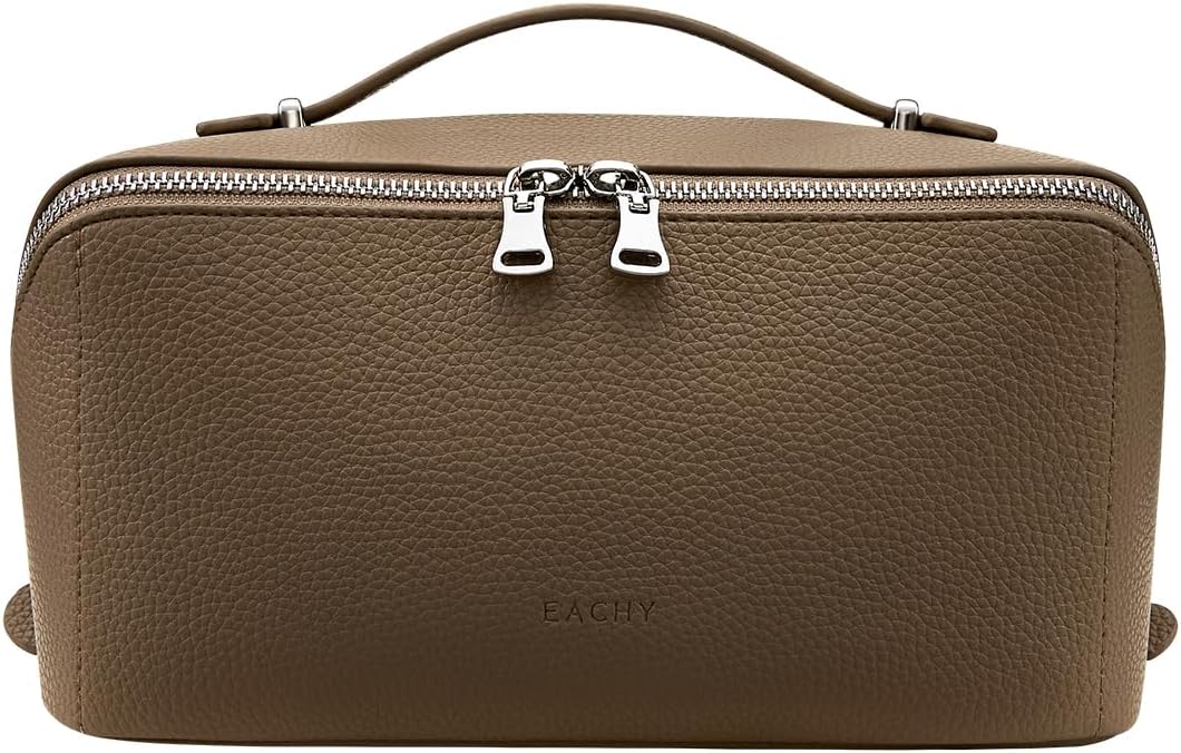 Travel Makeup Bag - Large Capacity Lychee Leather Cosmetic Organizer | Waterproof Toiletry Bag with TPU Brush Compartment