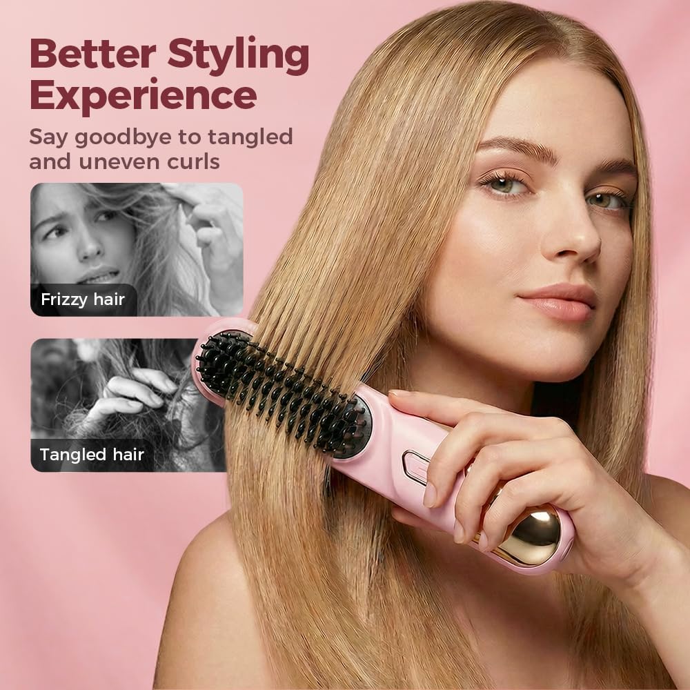 Portable Hair Straightener Brush - Cordless Ionic Comb for Short Hair | MCH Heating, 4 Temp Settings (Pink)