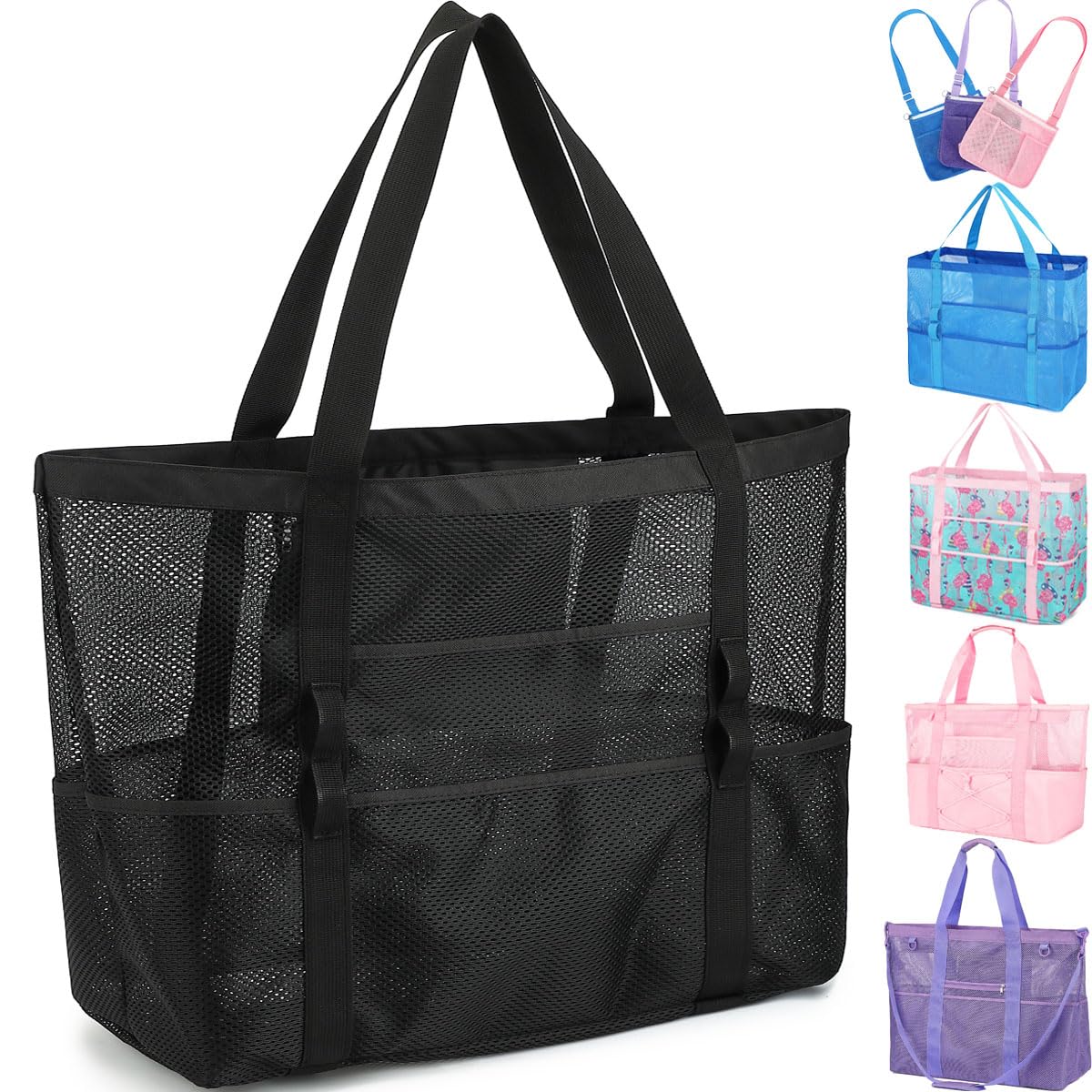 Fammart Extra Large Mesh Beach Bag for Women, Top Zipper Closure Pool Tote, SandProof Cruise Essentials 2026 Family Travel