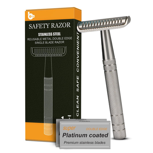 Double Edge Safety Razors for Men, Single Blade Razor, Stainless Steel Reusable Metal Razor, with 10 Platinum Coating Double Edge Blades, Smooth Close Gentle Shave, Plastic Free, Zero Waste, Silver