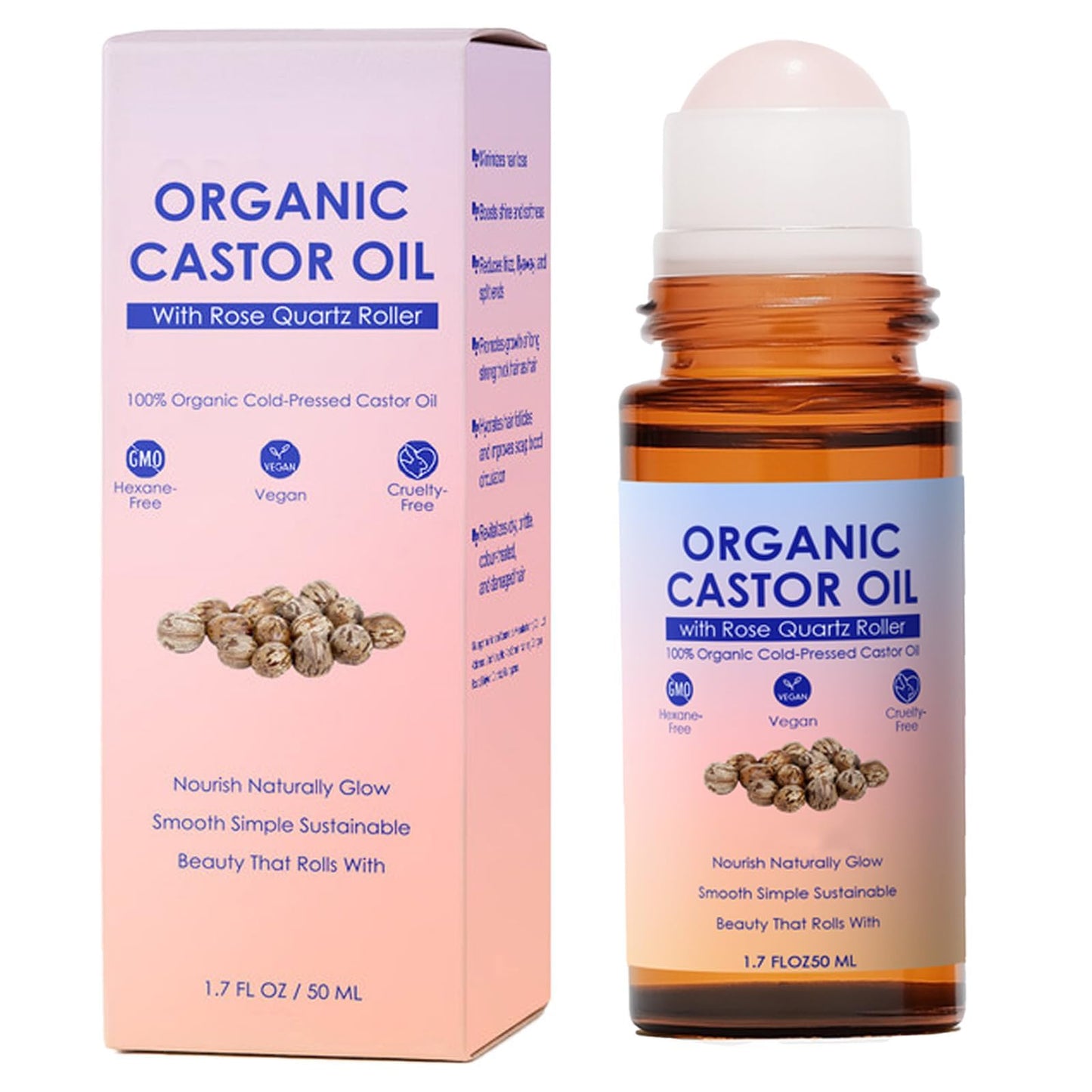 tuyapio Organic Castor Oil with Rose Quartz Roller, 1.7 fl oz, Cold-Pressed Pure Castor Oil