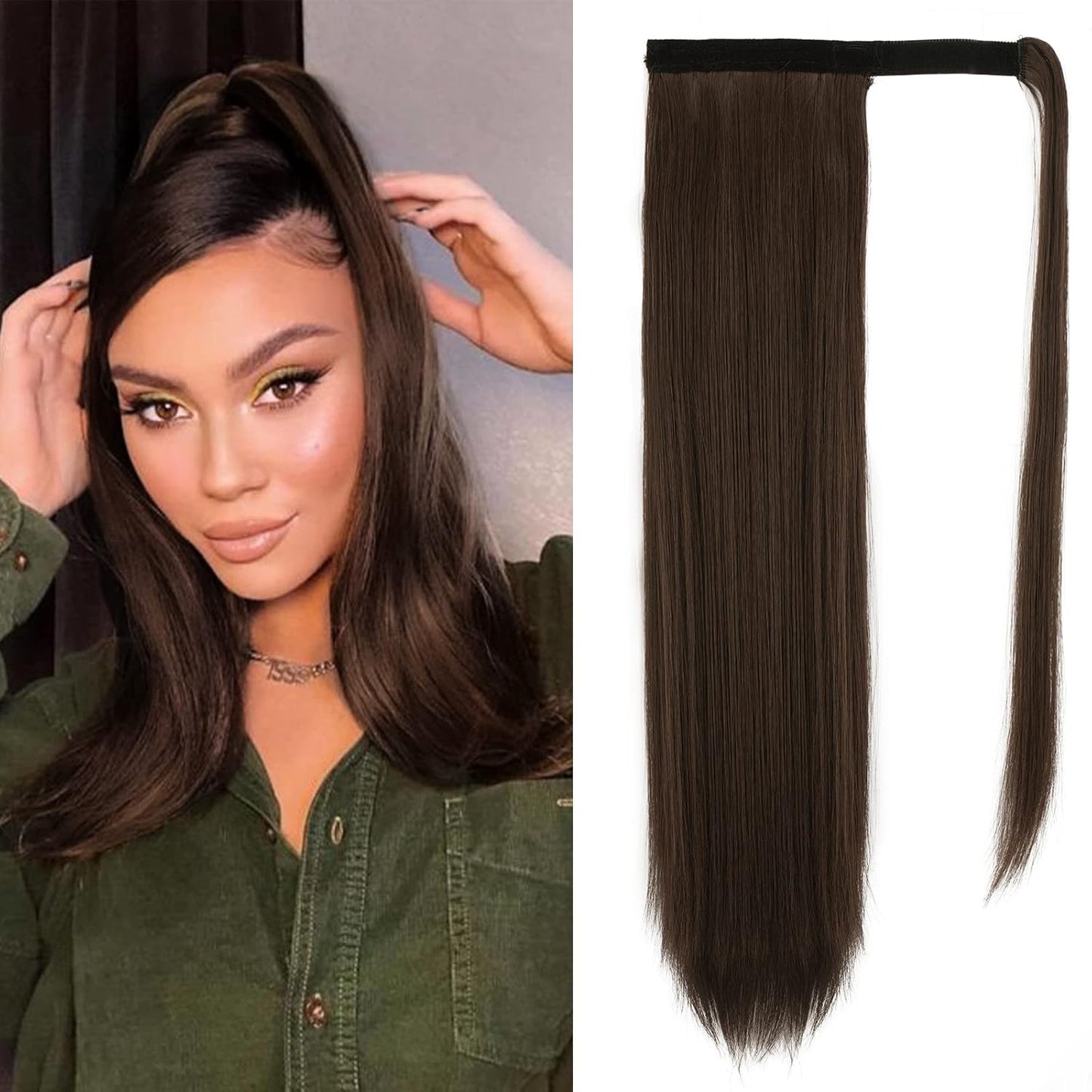 Dark Brown Straight Ponytail Extension - 28 Inch Clip-In Hairpiece for Women | Synthetic Wrap Around Style